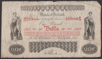 Bank of Ireland, £1, 20 November 1913 serial number H/74 20956, Baskin signature, 64 branches type, pinholes, a...