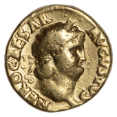 Nero (54-68), Aureus, 64-5, laureate and bearded head right, nero caesar avgvstvs around, rev. Jupiter, bare to...