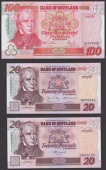 Bank of Scotland, £100, 17 July 1995, serial number AA249909, Pattullo and Burt signatures, also £20 (2), 18 June...