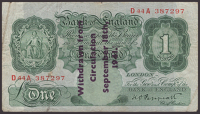 Bank of England, Kenneth O. Peppiatt, Guernsey Overprint, £1, 1941, serial number D44A 387297, with ‘Withdrawn...