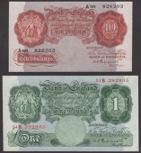 Bank of England, Kenneth O. Peppiatt, 10 Shillings, 5 October 1934, serial number A88 826203, £1 (2), 17 October...