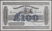 Northern Bank Limited, £100, 1 October 1968, serial number N-I/BB 01009, Russell signature, minor graffiti,...