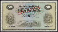 Northern Bank Limited, colour trial £50, 1 July 1970, serial number G0000000, olive-green, Wilson signature, red...