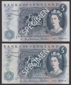 Bank of England, Jasper Q. Hollom, £5 (3), 21 February 1963, serial numbers A01 108642, C13 855878, and J15 322598,...