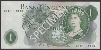Bank of England, John S. Fforde, £1, 15 February 1967, serial number U01E 118419, uncirculated, a scarce first...