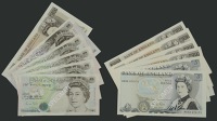 Bank of England, George M. Gill, a group comprising series D £5 (2) and £10 (6), 1 March 1988, series E £5 (4),...