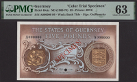 States of Guernsey, colour trial £5, ND (1969), serial number A000000, specimen number 98, Guillemette signature,...