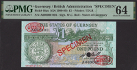 States of Guernsey, specimen £1, ND (1980), serial number A000000, specimen number 004, Bull signature, red...