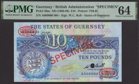 States of Guernsey, specimen £10, ND (1980), serial number A000000, specimen number 004, Bull signature, red...