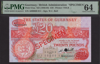 States of Guernsey, specimen £20, ND (1980), serial number A000000, specimen number 011, Bull signature, red...
