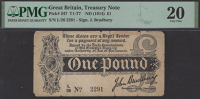 ERROR: Treasury Series, John Bradbury, £1, 7 August 1914, serial number L/26 2291, with watermark rotated 90...