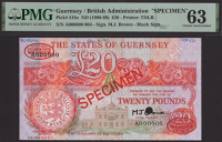 States of Guernsey, specimen £20, ND (1989), serial number A000000, specimen number 004, Brown signature, red...
