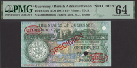 States of Guernsey, specimen £1, ND (1991), serial number J000000, specimen number 004, Brown signature, red...