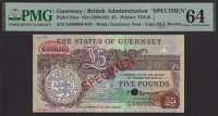 States of Guernsey, specimen £5, ND (1990), serial number G000000, specimen number 010, Brown signature, red...