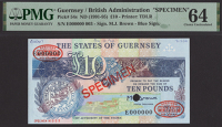 States of Guernsey, specimen £10, ND (1992), serial number E000000, specimen number 003, Brown signature, red...