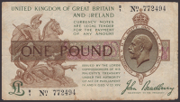 Treasury Series, John Bradbury, £1, Admiralty Anchor Note, 22 January 1917, serial number B/1 772494, split at...