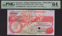 States of Guernsey, specimen £20, ND (1991), serial number B000000, specimen number 004, Brown signature, red...