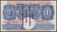 Bank of England, Kenneth O. Peppiatt, Guernsey Overprint, £1, 29 March 1940, serial number C61D 009380, with...
