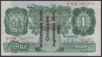 Bank of England, Kenneth O. Peppiatt, Guernsey Overprint, £1, 1941, serial number E15A 761378, with ‘Withdrawn...