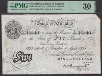 Bank of England, Kenneth O. Peppiatt, £5, Bristol, 1 April 1935, serial number T/179 44540, annotation on reverse,...