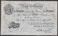 Bank of England, Kenneth O. Peppiatt, £5, Liverpool, 1 August 1935, serial number T/188 39300, original very...