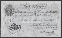 Bank of England, Kenneth O. Peppiatt, £5, London, 1 June 1942, serial number C/261 25303, address annotated on...