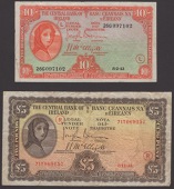 Central Bank of Ireland, 10 Shillings, war code L, 8 February 1943, serial number 26G097102, and £5, war code R, 8...
