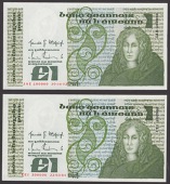 Central Bank of Ireland, £1 (2), 30 June 1982 and 22 March 1984, serial numbers JAE100000 and LEI200000,...