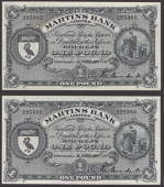 Martins Bank Limited, £1, 1 February 1957, consecutive serial numbers 225382-83, Conacher signature, handling about...