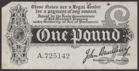 Treasury Series, John Bradbury, £1, 7 August 1914, serial number A.725142, upper left corner tip missing, minor...