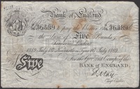 Bank of England, Frank May, £5, Newcastle on Tyne, 16 July 1889, serial number P/34 36389, some stains and...