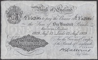 Bank of England, Basil G. Catterns, £100, Leeds, 13 August 1929, serial number 65/Y 15206, faded graffiti, some...