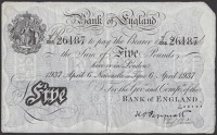 Bank of England, Kenneth O. Peppiatt, £5, Newcastle on Tyne, 6 April 1937, serial number T/288 26187, original and...