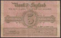 Bank of England, Kenneth O. Peppiatt, 5 Shillings, May 1941, without serial number, central split, with repairs,...