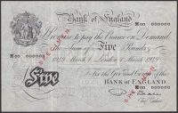 Bank of England, Percival S. Beale, specimen £5, 1 March 1949, serial number M00 000000, red SPECIMEN overprints,...