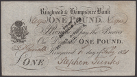 Ringwood & Hampshire Bank, for Stephen Tunks, £1, 1 February 1821, serial number R6713, Stephen Tunks signature,...