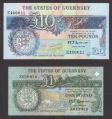 States of Guernsey, replacement £1, ND (1991), serial number Z070814, replacement £10, ND 1992-6), serial number...