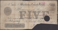 Sleaford & Newark Bank, for Peacock, Willson & Compy, cancelled £5, 7 March 1892, serial number 5012, signature...