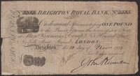 Brighton Royal Bank, for John Kinnear, £1, 18 November 1823, serial number B.3313, edge tear, very good to about...