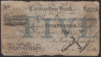 Carmarthen Bank, for Waters, Jones & Co, £5, 5 May 1829, serial number 938, blue underprint, many pinholes, several...