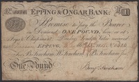 Epping & Ongar Bank, for B.Fincham, W.Fincham & B.Fincham Jun,, £1, 15 April 1815, serial number 8526, toned but...