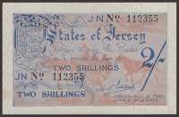 States of Jersey, 2 Shillings, 1942 issue, serial number 112355, signed by E. Blampied, the designer of the series,...