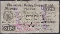 Gloucestershire Banking Co, Stroud, £5, 1 October 1883, serial number A593, several CANCELLED stamps, cancellation...