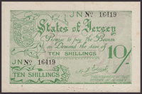 States of Jersey, 10 Shillings, ND (1942), serial number 16419, light staining, handling, otherwise uncirculated...