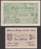 States of Jersey, 2 Shillings, ND (June 1941), serial number 20623, 10 Shillings, ND (1942), serial number 5111,...
