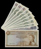 States of Jersey, 10 Shillings, 1963, serial number B977398, £1 (3), 1985, serial numbers TB 986603-05, £1 (10),...