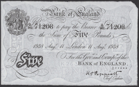 Bank of England, Kenneth O. Peppiatt, £5, London, 11 August 1938, serial number B/261 71208, lovely original paper...