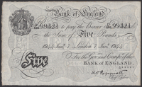 Bank of England, Kenneth O. Peppiatt, £5, London, 7 January 1944, serial number D/166 99321, lightly pressed, good...