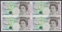 Bank of England, Graham E. A. Kentfield, uncut sheet of four £5, 1996, serial numbers 001014, prefixes BH26, BH25,...