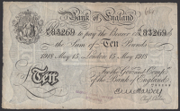 Bank of England, Ernest M. Harvey, £10, London, 15 May 1918, serial number 43/K 83269, pinholes, bank stamp and...